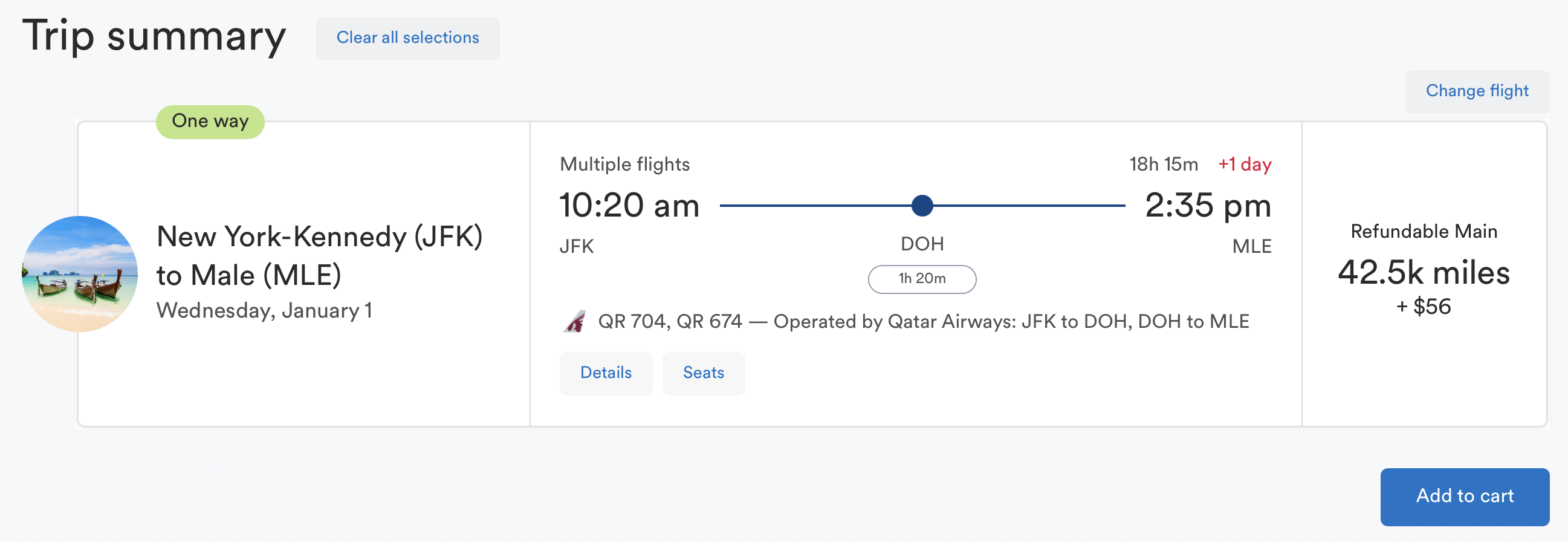 Qatar award from JFK to MLE via DOH bookable with Alaska miles.