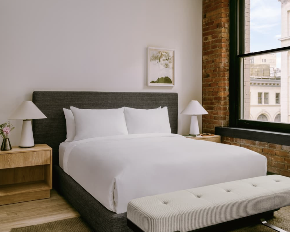Bedroom at the Sonder Apollon apartments in Montreal, Canada.