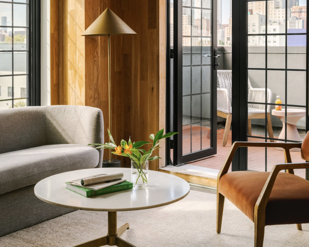 Living room at the Sonder The Industrialist in New York City.