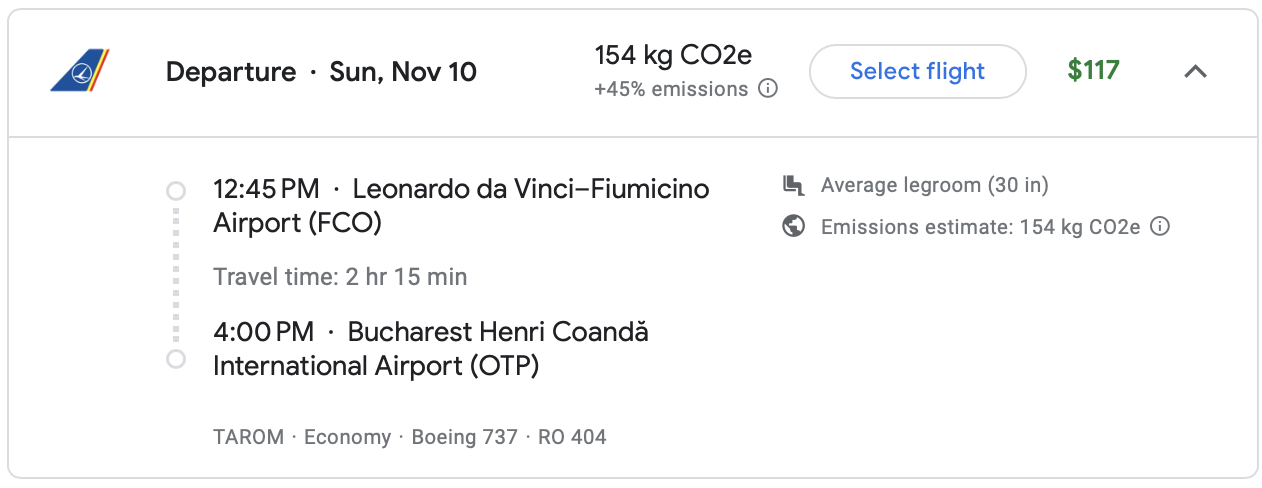 Google Flights itinerary on Tarom