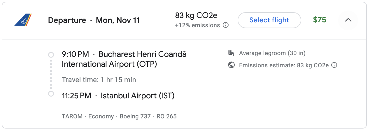 Google Flights itinerary on Tarom