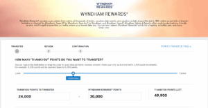 Screenshot of Citi ThankYou transfer portal showing example transfer to Wyndham Rewards points with a 25% transfer bonus