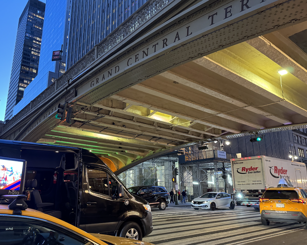 Uber Shuttle stopped near Grand Central Station.