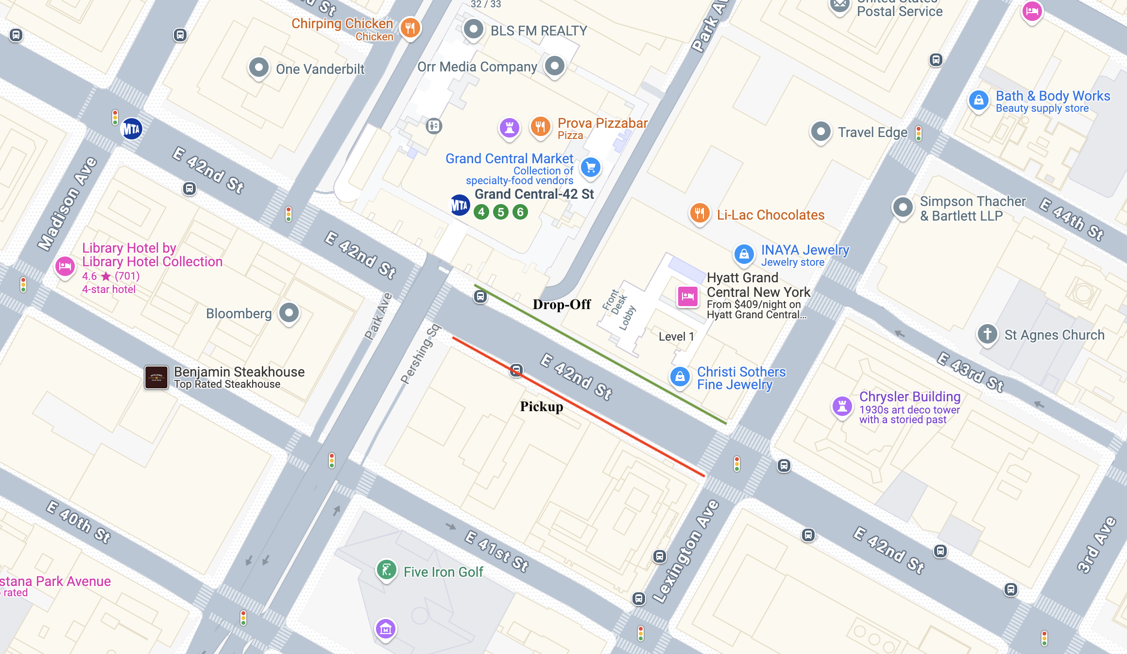 Screenshot of a map showing where Uber Shuttle picks up and drops off at Grand Central.