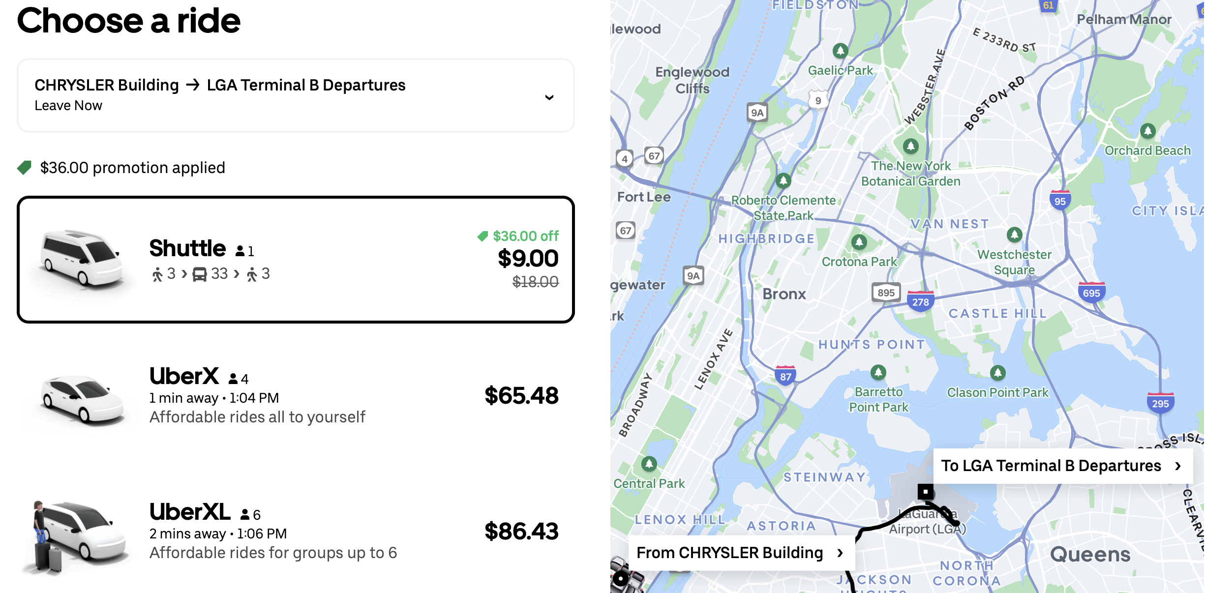 Uber booking options from Grand Central to LGA.