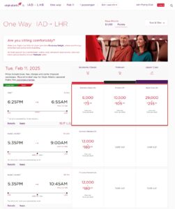Virgin Atlantic Reward results for IAD-LHR.