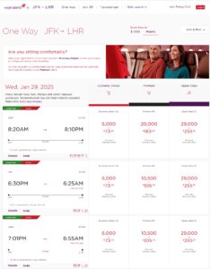 Virgin Atlantic Reward results for JFK-LHR.