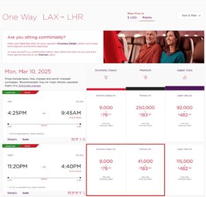 Virgin Atlantic Reward results for LAX-LHR.