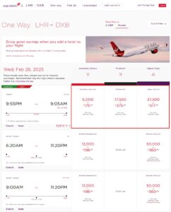 Virgin Atlantic Reward results for LHR-DXB.