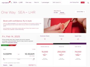 Virgin Atlantic Reward results for SEA-LHR.