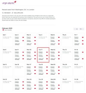 Virgin Atlantic Reward Seat Checker results for IAD-LHR.