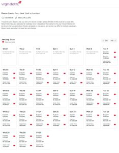 Virgin Atlantic Reward Seat Checker results for JFK-LHR.
