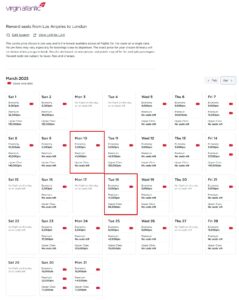 Virgin Atlantic Reward Seat Checker results for LAX-LHR.