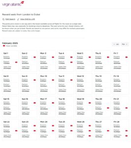 Virgin Atlantic Reward Seat Checker results for LHR-DXB.