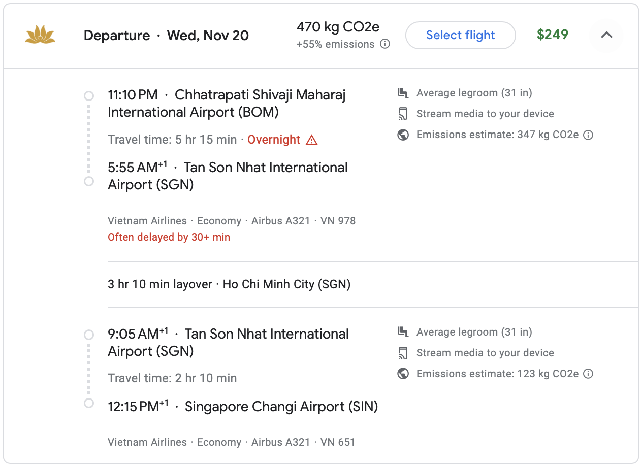 Google Flights itinerary on Vietnam Airlines