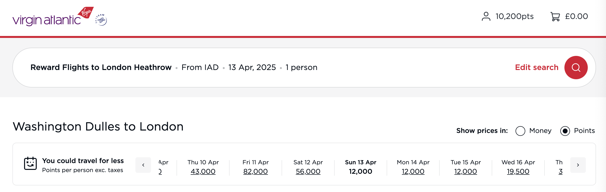 Flight results for IAD to LHR on Virgin Atlantic.