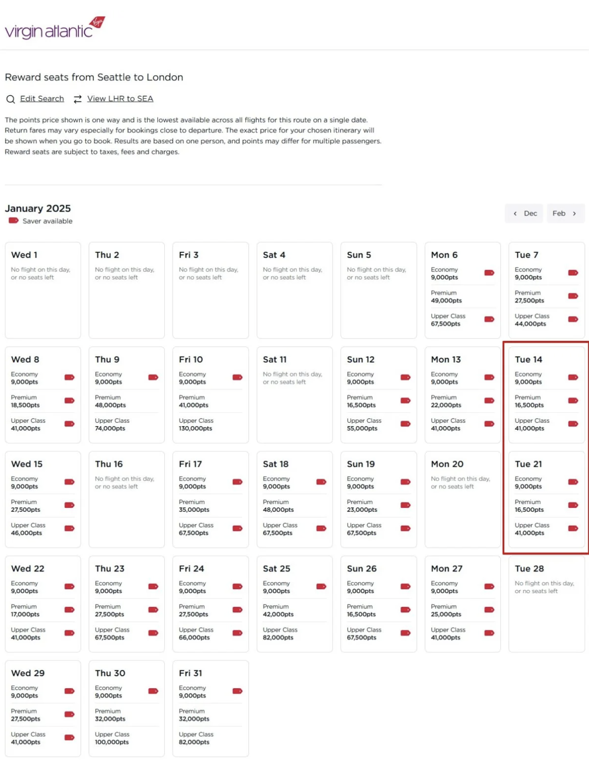 Virgin Atlantic Reward Seat Checker results for SEA-LHR.