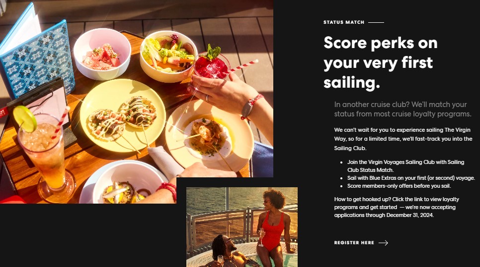 Virgin Voyages Status Match Unlock Blue Extras on First Booking