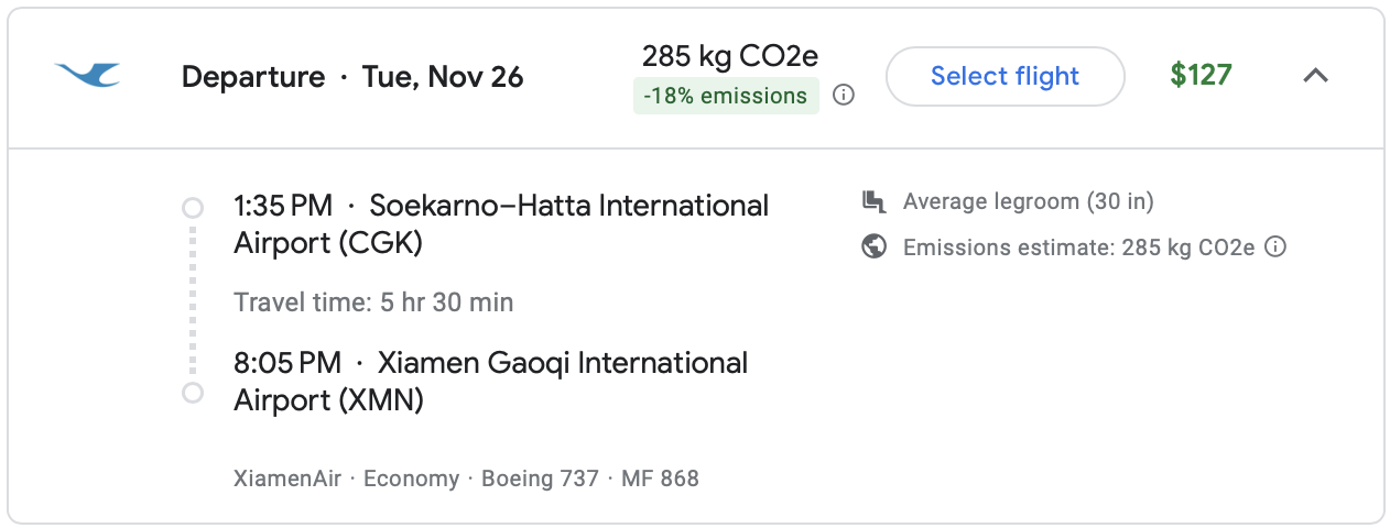 Google Flights itinerary on XiamenAir.