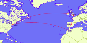 map showing flights from the U.S. to Europe with multiple stops
