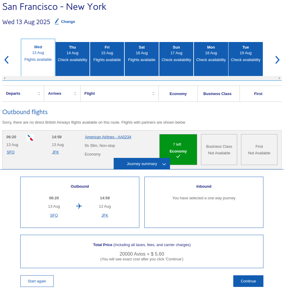 Itinerary from SFO to JFK on AA bookable for 20,000 British Airways Avios.