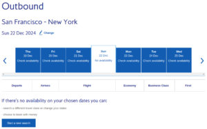 British Airways results screen showing no availability on the SFO to JFK route.