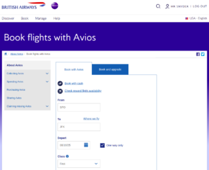 The British Airways "Redeem" screen, showing the booking widget.