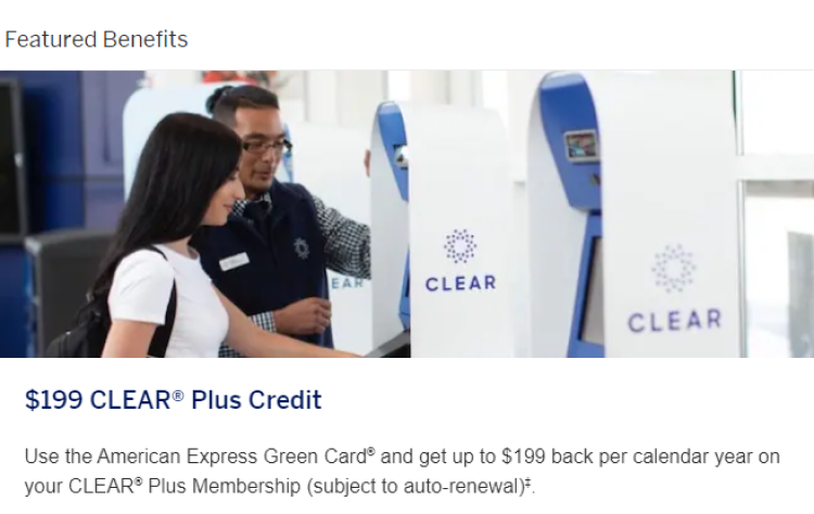 Screen shot Amex Green Card application site showing the Clear Plus Membership benefit