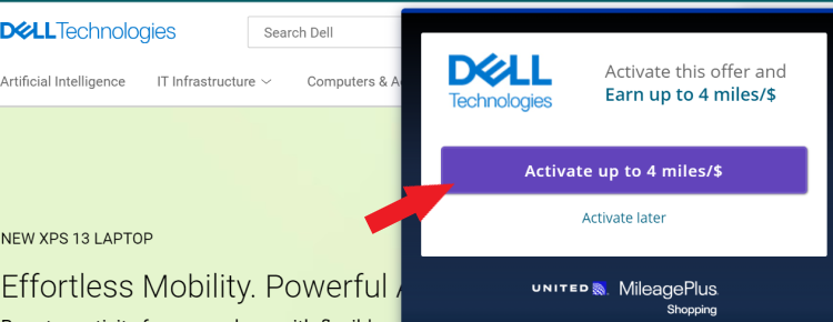 A screen shot shows a United MileagePlus Shopping Button on Dell's website