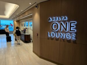 Delta One Lounge JFK enterance and sign
