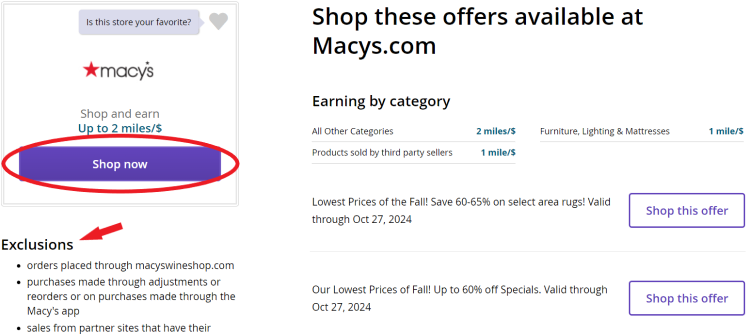 A screenshot from the United Mileage Plus Shopping portal shows an offer for Macys.com