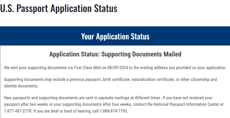 Screenshot from the passport status webpage