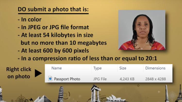 Screen shot depicting the requirements for a passport photo upload