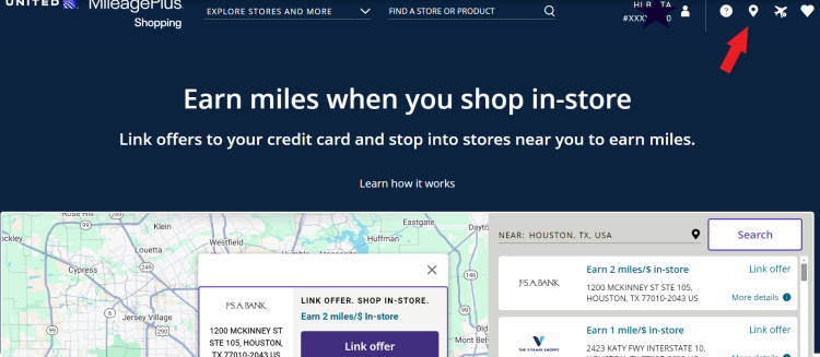 Screen shot from the United MileagePlus Shopping In-store feature.