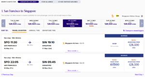 Singapore Airlines award search results for SFO to SIN