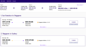 Singapore airlines award from SFO to SYD with a stopover in SIN