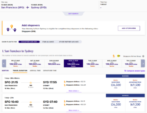 Singapore award search for SFO to SYD showing stopover box
