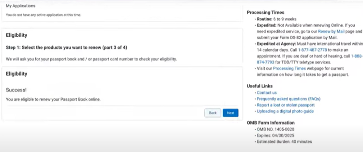 Screen Shot from the Online Passport Renewal Application