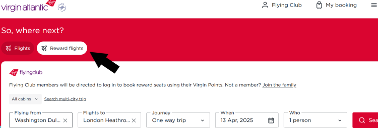Screen shot of a reward flight search on Virgin Atlantic