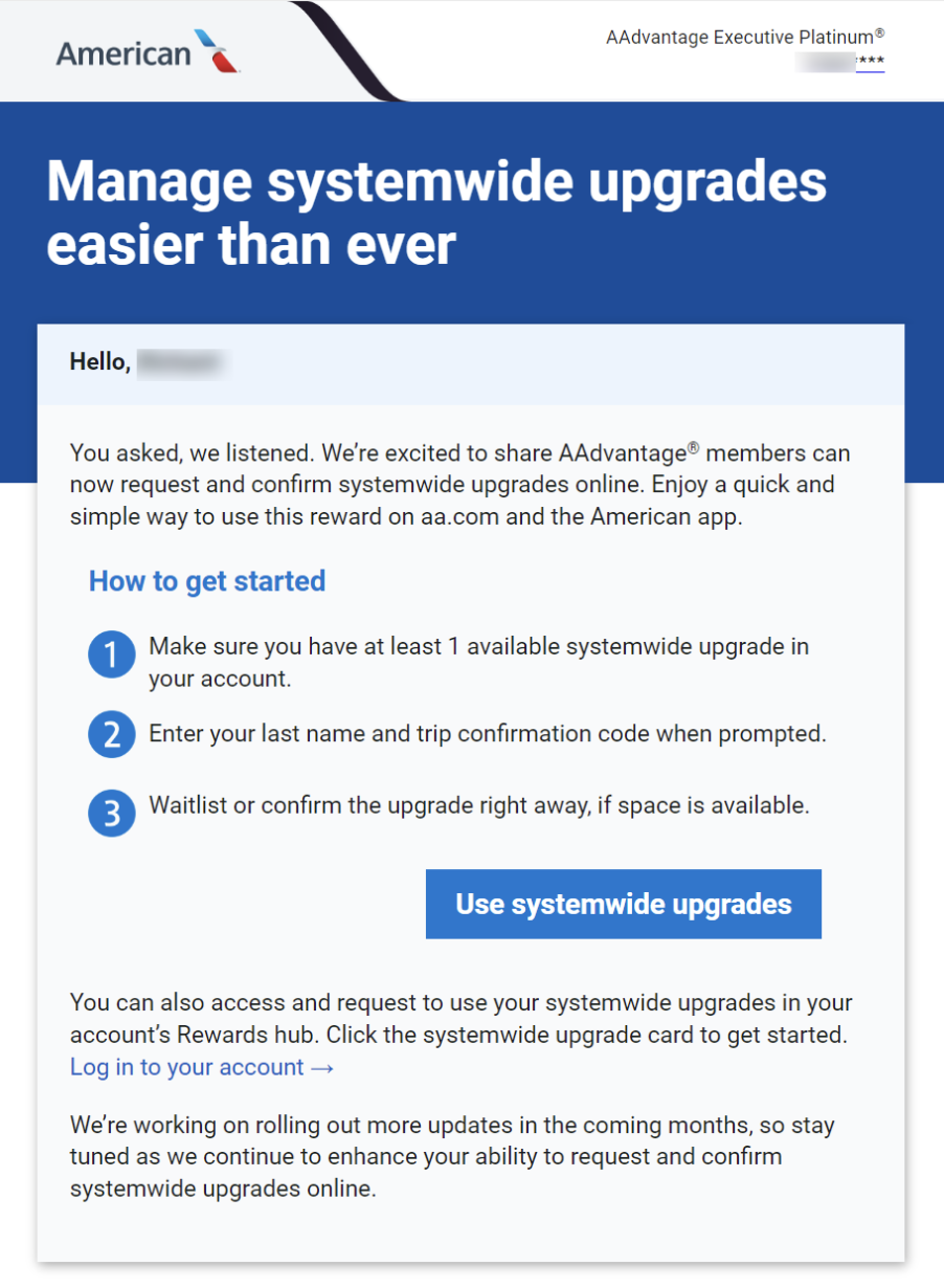 Email from American Airlines stating that you can now apply SWUs online.