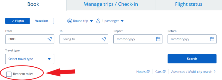Screen shot of the American Airlines booking page