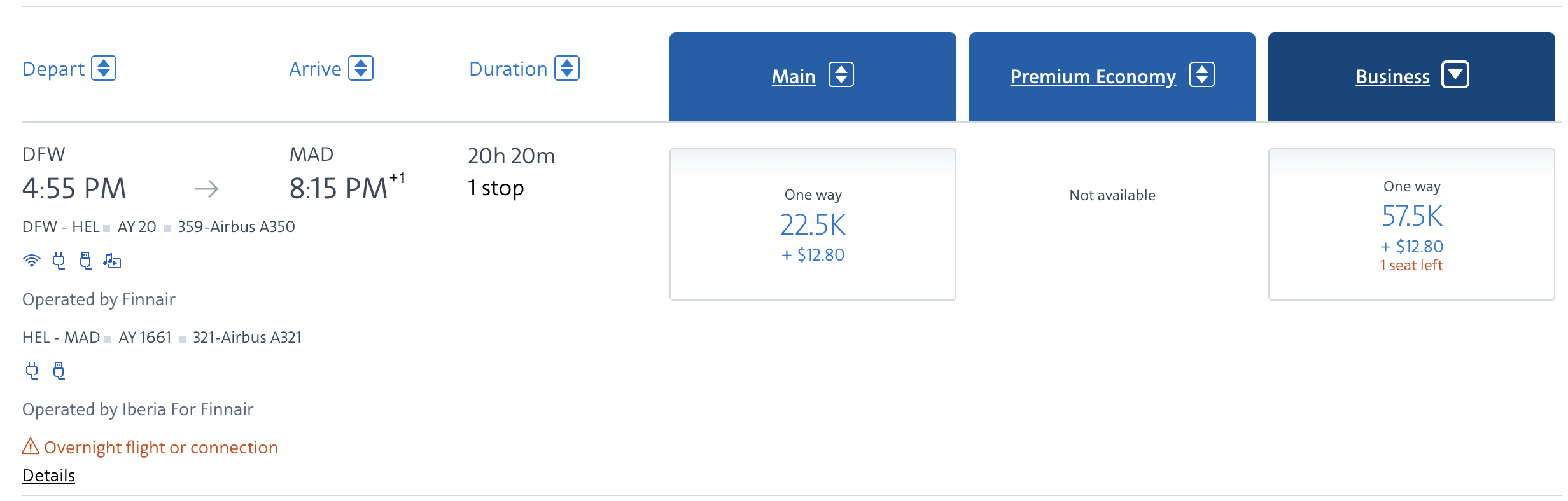 Finnair award from DFW to MAD via HEL bookable via AA.