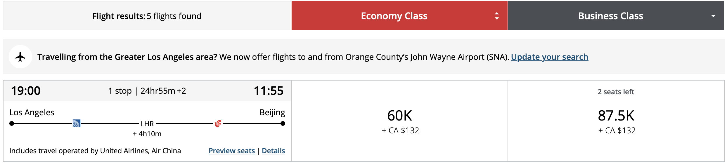 United/Air China award from LAX to PEK via LHR