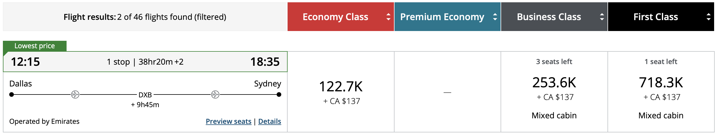 Emirates award from DFW to SYD via DXB bookable with Aeroplan points.
