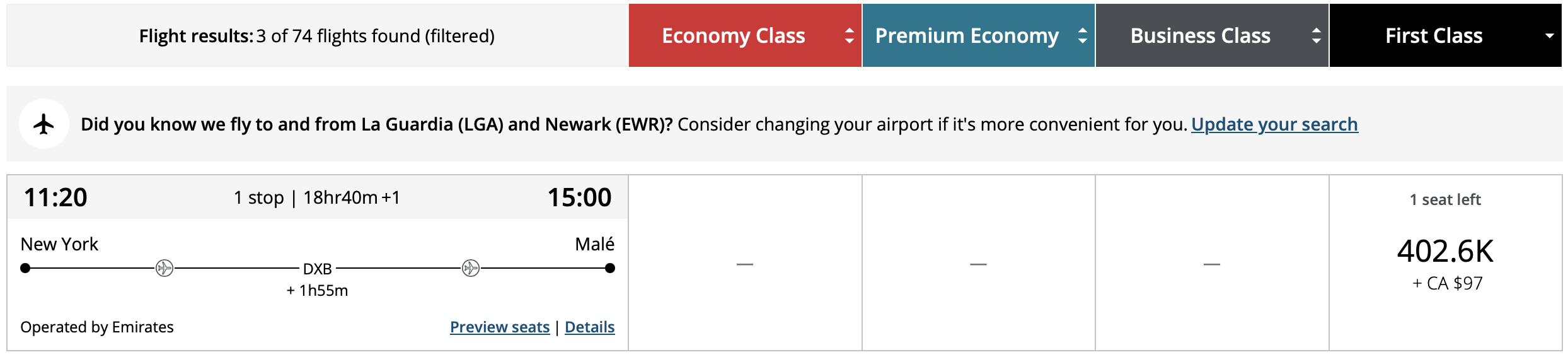 Emirates First Class award from JFK to MLE via DXB bookable with Aeroplan points.