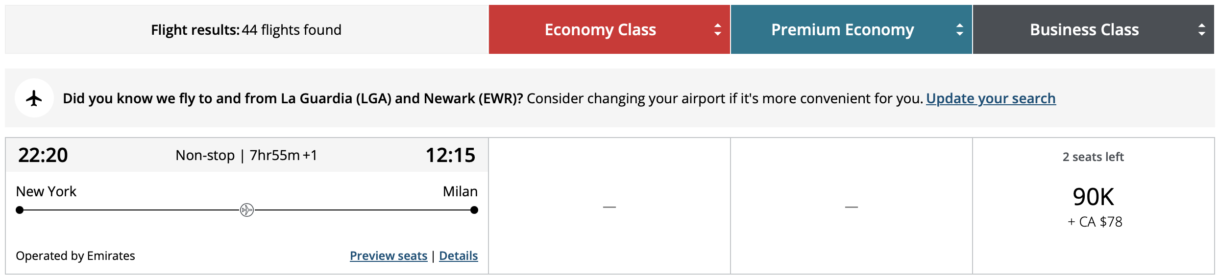 Aeroplan Emirates business class award from JFK to MXP.