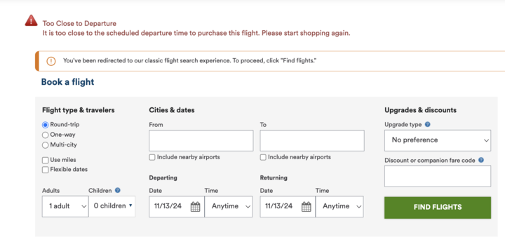 Alaska Airlines partner booking error message.