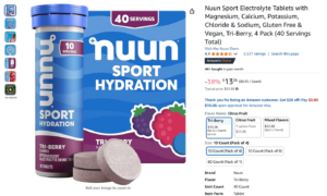 Screenshot of Amazon page for a four-pack of Nuun hydration tabs