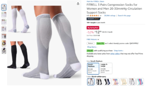 Screenshot of Amazon page for a three-pack of compression socks
