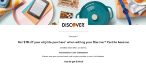 Screenshot of Amazon landing page for promotion to add a Discover card